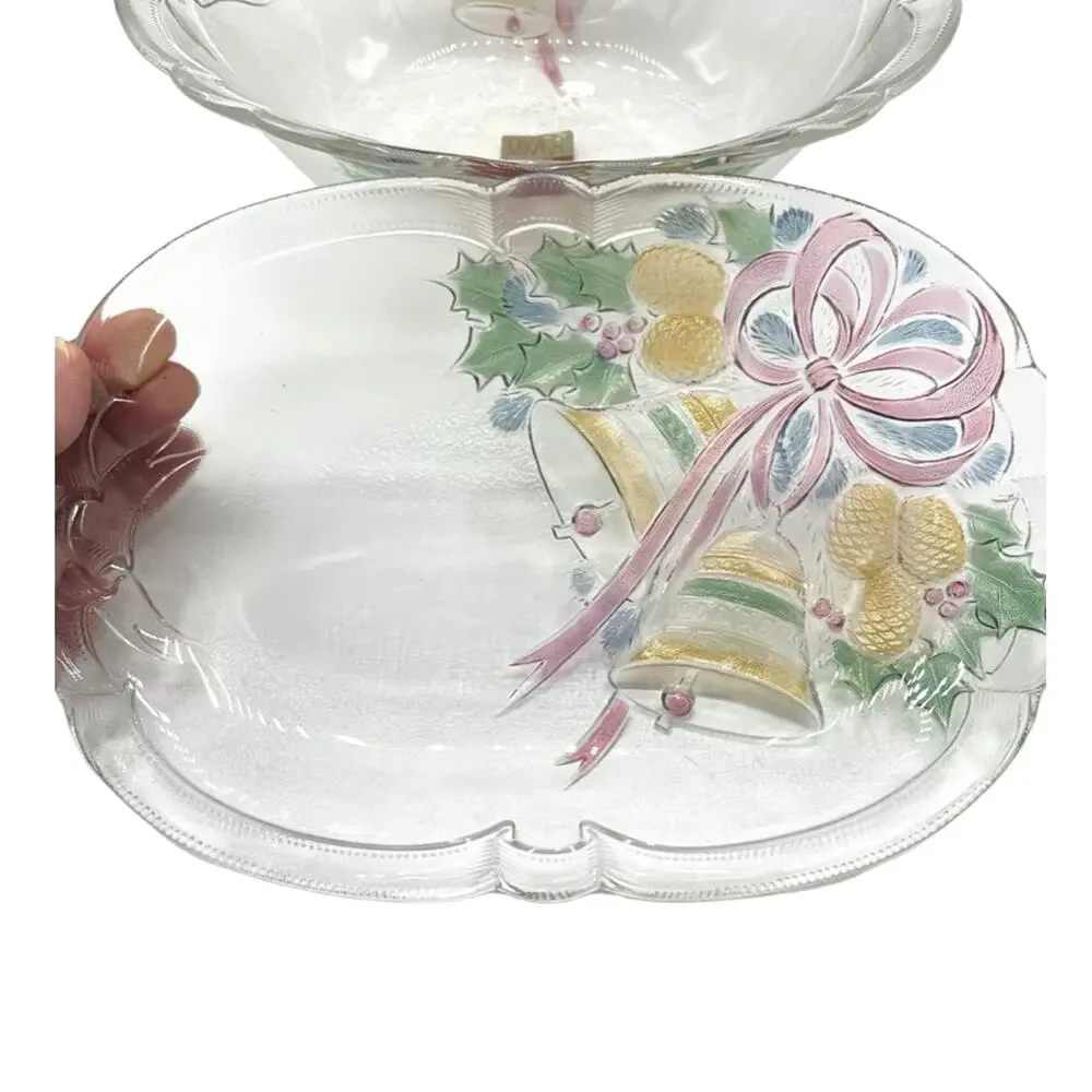 VTG NEW MIKASA Festive Bells MCM Oval Glass Bowl & Platter Holiday Serving Set